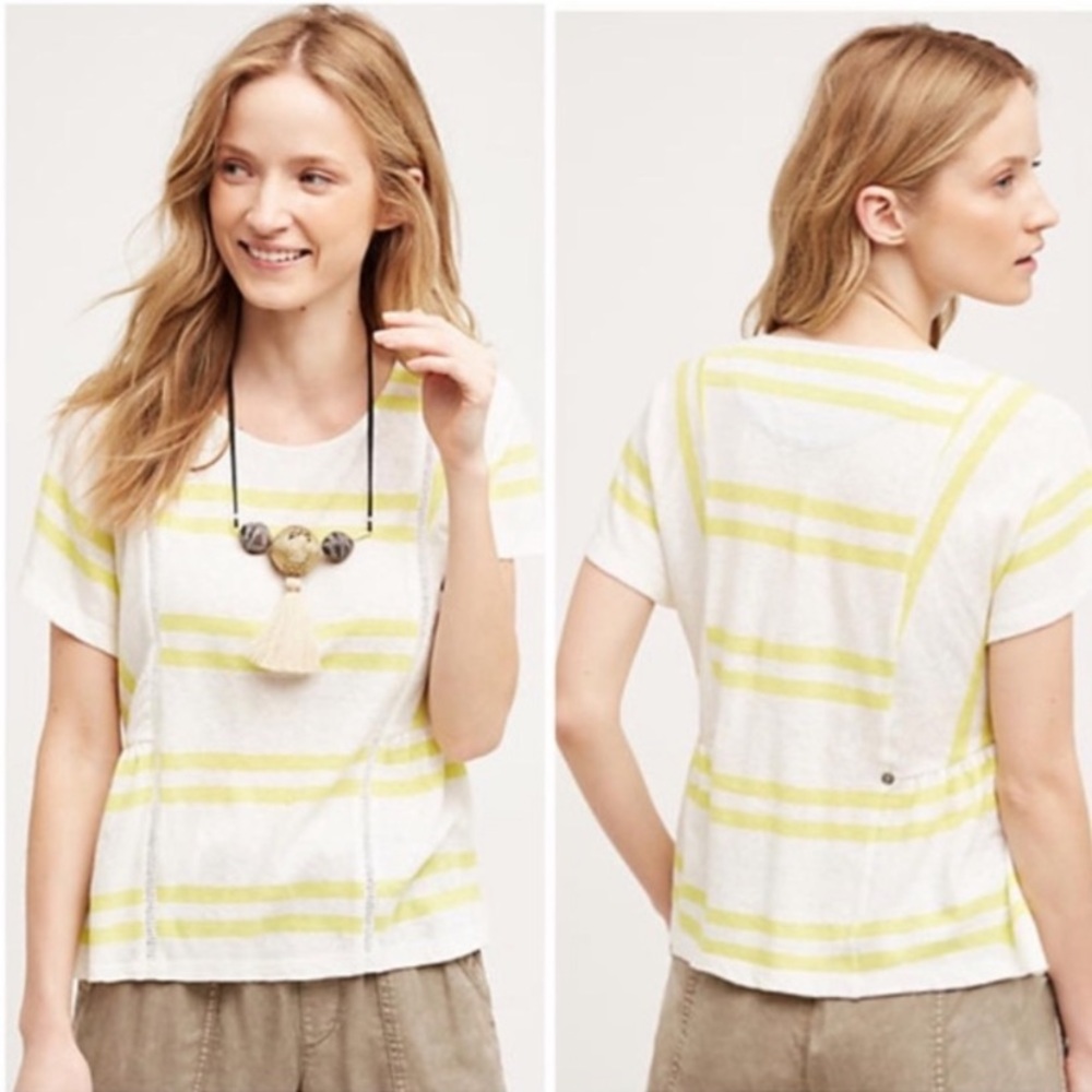 Anthropologie Postmark Hitchstripe Linen Blend Neon Short Sleeve Tee Shirt Boho